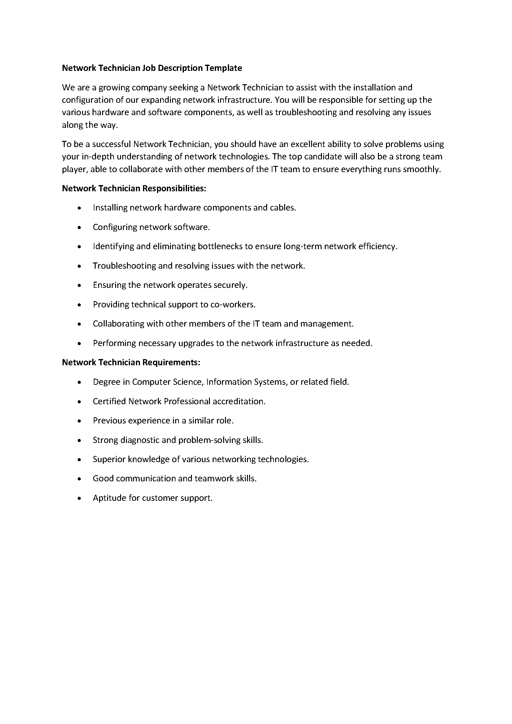 Network Technician Job Description Template